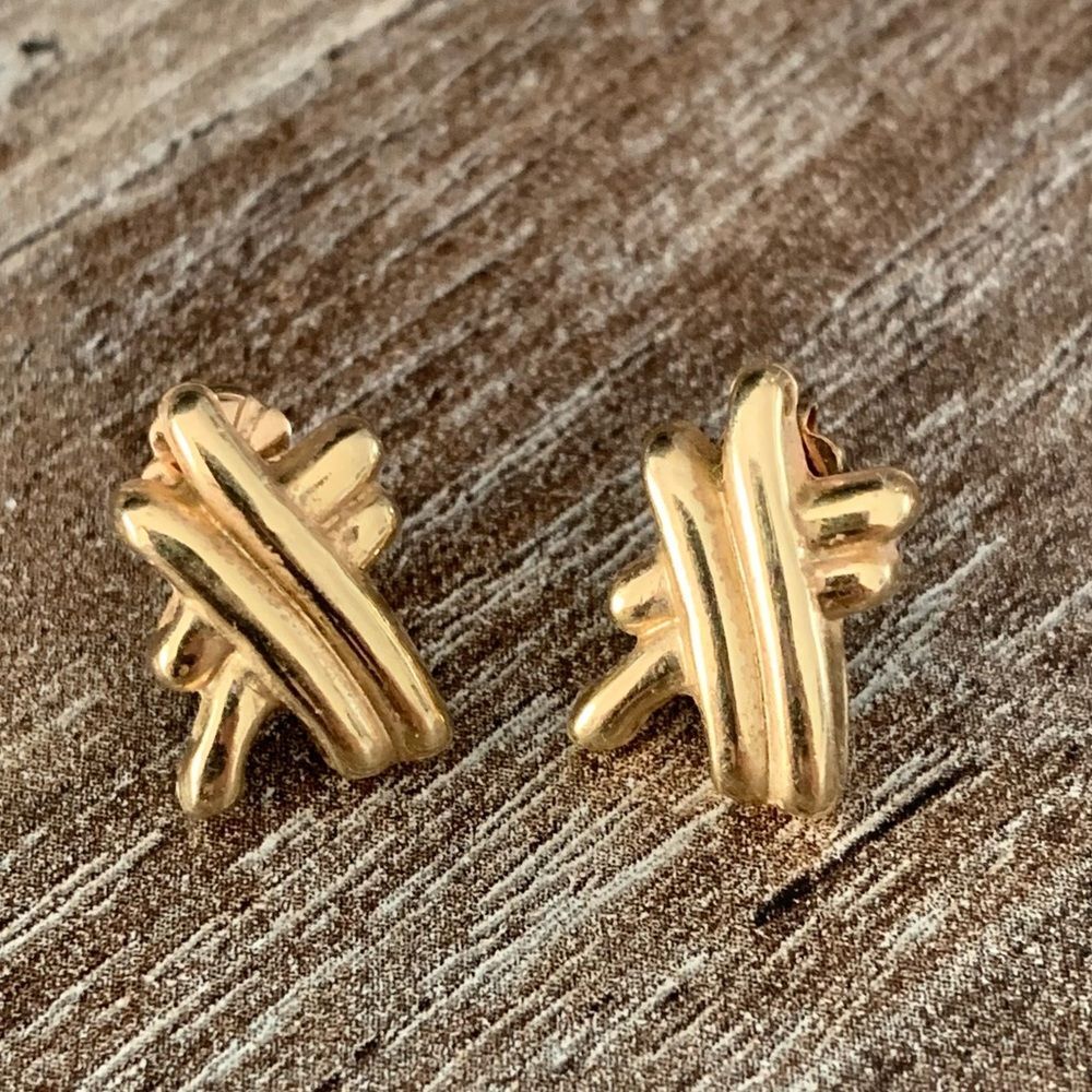 14k Yellow Gold Stud Earrings Sculptural Pierced Abstract Textured Earrings 1.4g - Picture 11 of 11